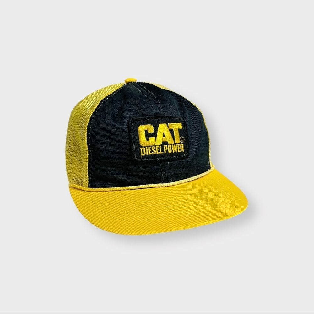Vtg 80s Cat Diesel Power Trucker Snapback Hat Rope Brim Youngan Patch 70s 2 Tone